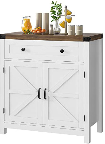HOSTACK Coffee Bar Cabinet, Kitchen Storage Cabinet, Modern Farmhouse Buffet Sideboard with Drawer and Adjustable Shelf, Barn Door Accent Cabinets for Kitchen, Dining Room, Entryway, White