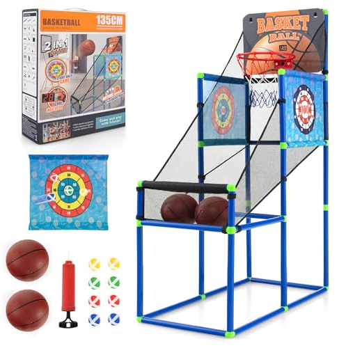KOMFOTTEU Kinder Basketballautomat, Basketballspiel Set mit Punktezähler & Sound, Basketballständer inkl. Basketbälle, Pumpe, Zielscheiben, Klettbälle, Basketball Schießmaschine für Kinder ab 3 Jahre