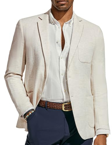 PJ PAUL JONES Men's Sports Jacket Cotton Linen Herringbone Regular Fit Casual Blazer Single Breasted Two Buttons Business Suit Jackets Beige