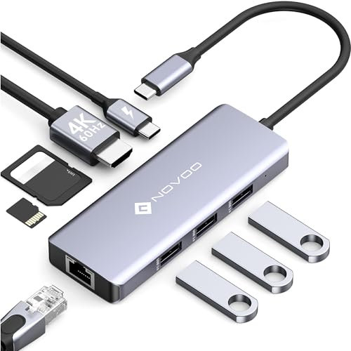 NOVOO Hub USB C 8 en 1 Adaptateur USB C vers HDMI 4K, USB 3.0 x 3, Gigabit Ethernet, Alimente PD 100W, Lecture de Carte SD/TF, Multiport USB Hub pour Macbook Air Macbook Pro