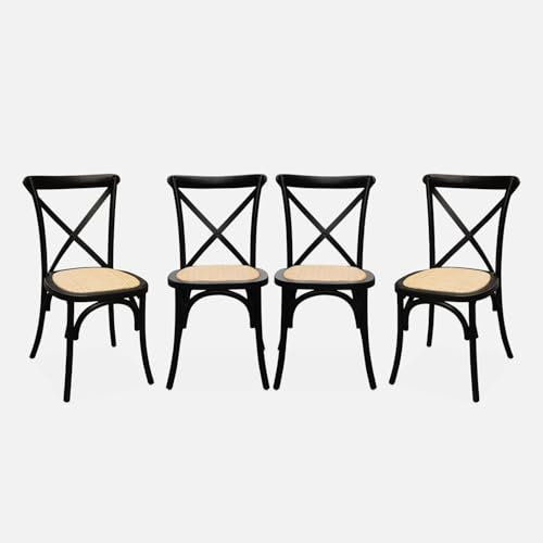 sweeek - Lot de 4 chaises de bistrot en Bois d'hévéa Noir. Vintage. Assise en rotin. empilables