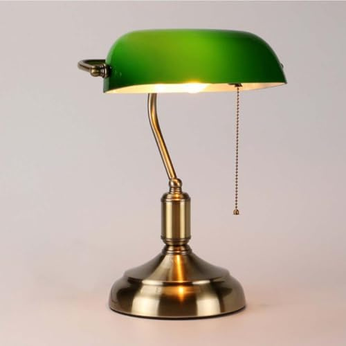 AoLa Skrivbordslampa Retro E27 Bordslampa Med DragströMbrytare Och Kabel Banker Lampa GröN GlasskäRm Kontorslampa MäSsing Klassisk Vintage Skrivbordslampa Antik Med SväNgbar 1 Flamma Metall
