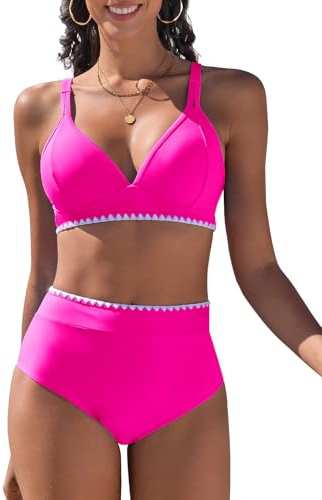 Vijamiy Bikiniset för kvinnor hög midja bikiniset två delar kvinnor badkläder baddräkt med justerbar axelrem vit spets, Rosa, S