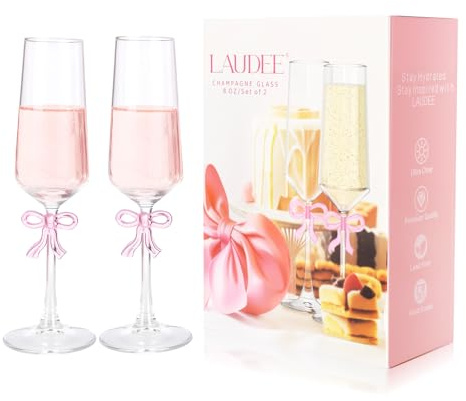 LAUDEE Champagne Glasses Set of 2, 8oz Elegant Crystal Stemmed Champagne Flutes with Pink Bow for Prosecco, Sparkling Wine, Mimosas, Cocktails, Weddings, Anniversaries, Parties