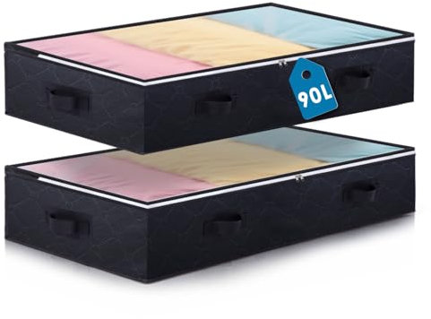 Boic 2 Pezzi 90L Contenitori Sottoletto, Scatole Per Letto Contenitore, Organizer Sotto Letto Con Finestra Di Osservazione E Maniglia,Contenitori Sotto Il Letto Per Abbigliamento Coperte Piumoni(Nero)