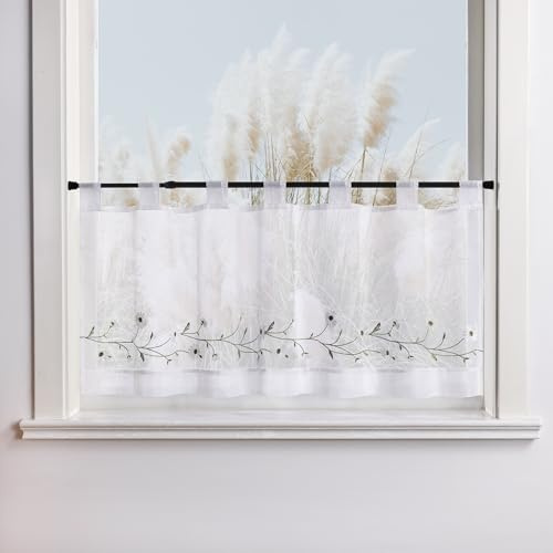 Yujiao Mao Rideau Brise-bise brodé Petites Marguerites, Semi-Transparent, Rideau à Liens, Style champêtre, Cuisine, Salle à Manger, Petites fenêtres Blanc HxL 60x90cm