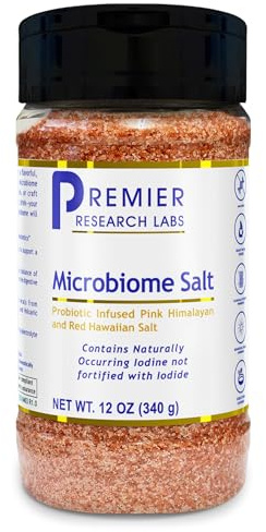 Premier Research Labs Microbiome Salt - Pink Himalayan Mineral Sea Salt with Alaea Hawaiian Red, Fine Grain, Gourmet, Pure Minerals for Hydration, Added Probiotics for Gut Health - 12 oz (Pack of 1)