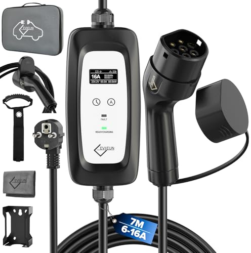 EVIEUN Caricatore Auto Elettrica, 3,6kW 6-16A 7m Cavo Ricarica Auto Elettrica Tipo 2(LCD Digitale) Compatibile con ID.3/ID.4, Model 3/Y, Zoe, Spring e Altri EV/PHEV | Spina Schuko UE | IEC 62196-2
