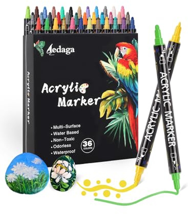 HornedDragon 36 Farben Acrylstifte Set mit Doppelspitze, Acrylic Marker (Feine & Runde Spitze), Acrylmarker Set Für Erwachsene, Acrylic Paint Marker Für Glas, Stein, Holz, Leinwand