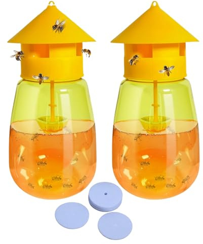 Piège à mouches à fruits intérieur/extérieur avec 10 blocs de papier – Efficace non toxique pour la cuisine et le verger, installation facile avec vinaigre et appât (bouteille piège jaune, 2) (jaune)