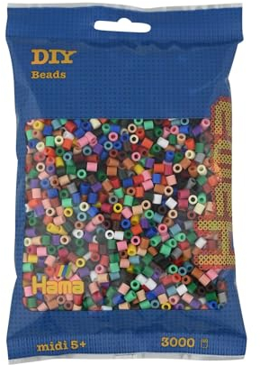 Hama Perlen 201-67 Bügelperlen Beutel mit ca. 3.000 bunten Midi Bastelperlen mit Durchmesser 5 mm im Vollton Mix mit 22 Farben, kreativer Bastelspaß für Groß und Klein
