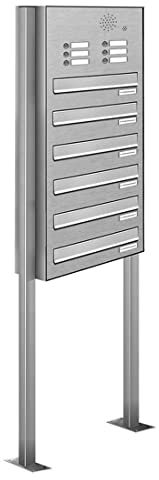 AL Briefkastensysteme 6er Edelstahl Durchwurfbriefkasten, 6 Fach Briefkasten mit Klingel, wetterfeste Standbriefkastenanlage in V2A Edelstahl mit sechs Fächern