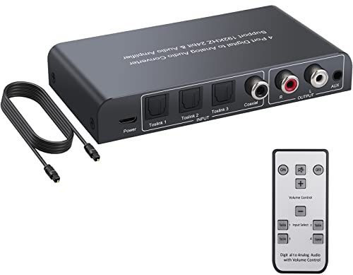 PROZOR DAC Konverter 192kHz Digital zu Analog Audio Konverter 3 Optisch SPDIF Toslink + 1 Koaxial Schalter zu Analog Stereo L/R RCA 3.5mm Audio Adapter mit IR Fernbedienung