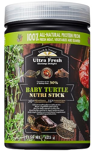 Ultra Fresh Floating Baby Turtle Food, All Natural Ingredients, Wild Sword Prawn, Calcium Vitamin D Enriched for Picky Aquatic Baby Turtles, Baby Turtle Nutri Stick 15 oz