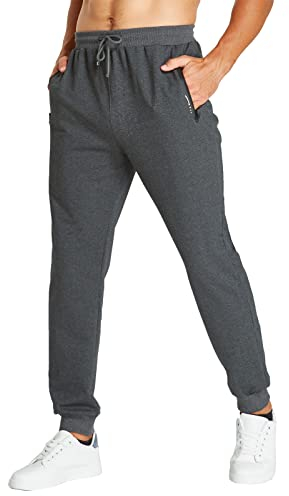 JustSun Jogginghose Herren Trainingshose Männer Sporthose Herren Lang Baumwolle Fitness Freizeithose Herren Reissverschluss Taschen Dunkelgrau L