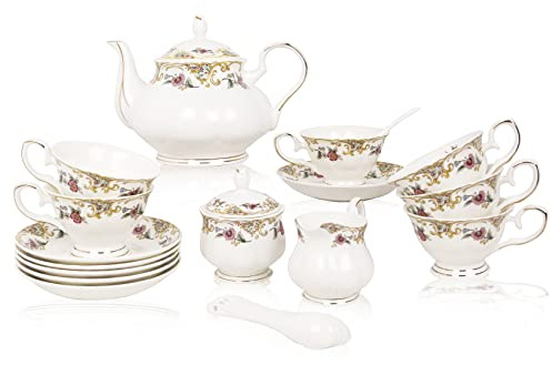 ACMLIFE Bone China Tea Set for Adults White And Floral Fine China Tea Set 21-Piece English Tea Cups Set of 6 for Women Porcelain Tea Set with Teapot, Sugar Bowl,Creamer Pitcher, Tea Party Sets