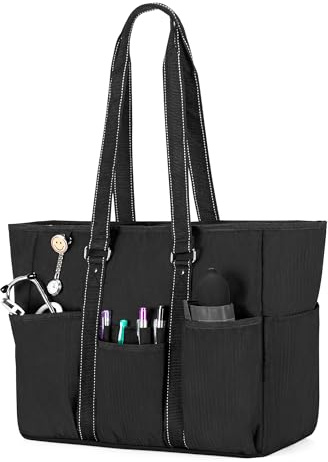 Damero Nurse Tote Bags, Nurse Bag with Padded Laptop Sleeve and Mutiple Pockets for Work, Home Health Care, Black