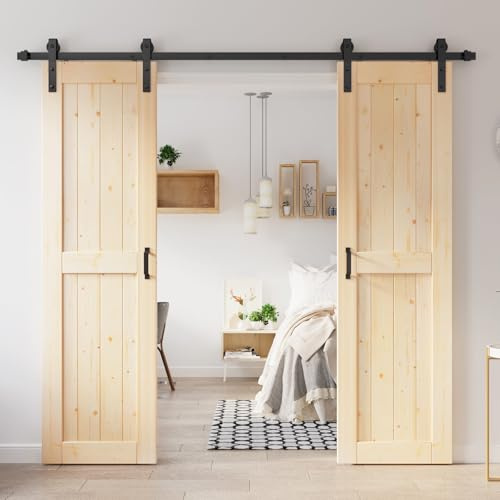 ROYMELO 48x84 inch (Double 24×84 inch Door) Sliding Barn Wood Door Slab with 8ft Hardware Kit, Requires Simple DIY Assembly