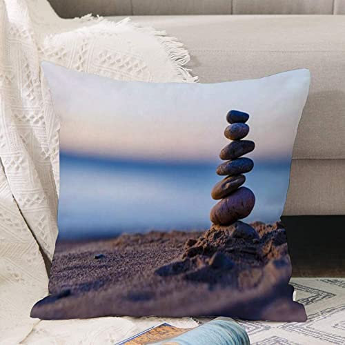 Kissenbezug 45x45 cm,Abstraktes Wachstum Natur Strand Pebble Tower auf Haufen Wasser Himmel,Outdoor Kissen Kissenbezüge Kissenhülle Sofa Kissen dekokissen Zierkissen für Wohnzimmer Garten deko draußen