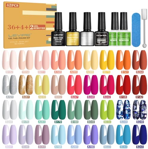 LEVIPE Smalto Semipermanente Unghie, 44Pz Smalti Semipermanenti per Unghie con Base Coat e Glossy & Matt & Cat-Eye Topcoat e Remover Semipermanente unghie, Smalto per Unghie in Gel UV LED 8ml