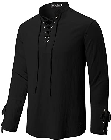YAOBAOLE Men Henley Shirt Long Sleeve Mens Lace Up Shirt Medieval Costume Men Vintage Men Shirt