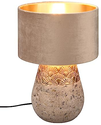 Reality Leuchten Tischleuchte Kiran R51231061, Sockel Keramik Grau, Schirm Samt Beige/goldfarbig, exkl. 1x E27