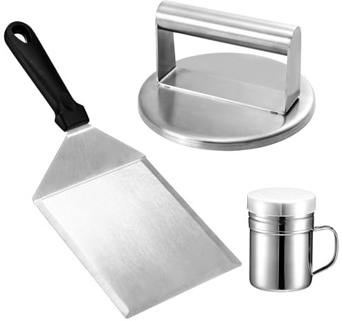 GWHOLE Prensa de Hamburguesa, Herramienta de Acero Inoxidable de Hamburguesa INOX 304, con espátula de Acero INOX, Lata de aliño, bistec, sándwich, barbacoaKits de Barbacoa 3 Piezas