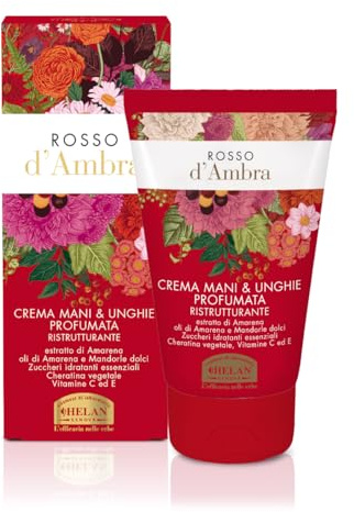 Helan, Rosso d'Ambra - Crema Mani e Unghie Profumata e Ristrutturante per Pelle Secca e Screpolata, Crema Idratante con Vitamina C e Vitamina E Antiossidante e Olio di Mandorle Dolci Riparatore, 50 ml