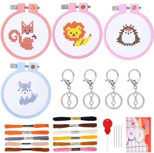 JSRQT 4 Set Kit di Ricamo a Punto Croce Stampato per Bambini, Ricamo Starter Kit di Animali per Principianti con Portachiavi, Kit Ricamo a Mano con Aghi e Fili, Telaio da Ricamo Colorati e Istruzioni