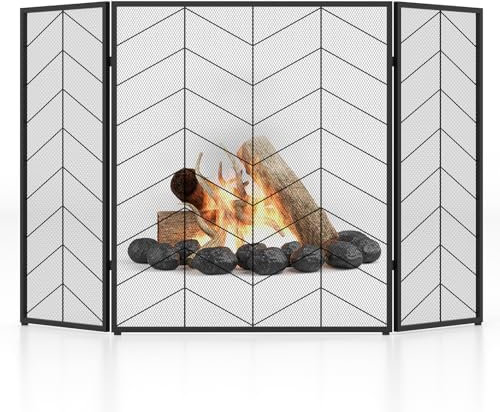 COSTWAY 3 Panel Folding Fire Guard, Large Fireplace Screen Fence with Anti-slip Footpads & Flexible Hinges, Wrought Iron Mesh Spark Fire Panel for Wood Coal Firing (Herringbone Pattern, 132x79cm)