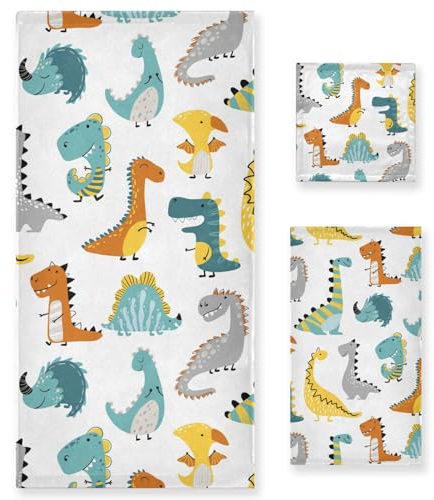 Mnsruu Dinosaurier-Badetücher, 3er-Set, Dinosaurier-Cartoon-Dino-Duschtücher-Set, 1 Badetuch, 1 Handtuch, 1 Waschlappen für Badezimmer, Strand, Fitnessstudio