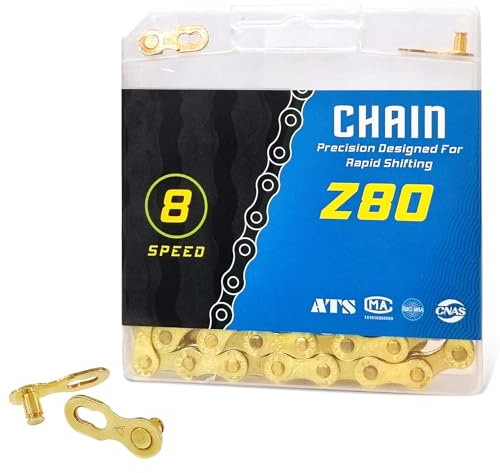 Relwears Gold 6/7/8 Speed Bike Chain, 1/2x3/32 Inch, 116 Links, Alloy Steel, Triple Strand, Suitable for Road, Mountain, Racing Bikes