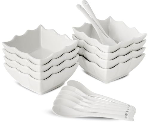 8 x Weiße Porzellan Dipschalen Set mit Servierlöffel, Dip Schälchen für Saucen, Snack Schalen Set Keramik, Dip Schalen Set, Kleine Schüsseln als Saucenschälchen, Snackschalen, Dessertschalen -125ml