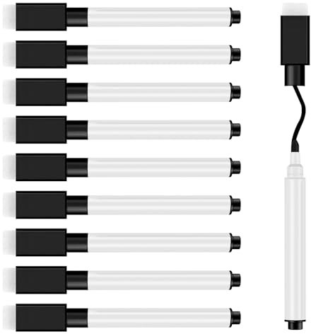 JEFURE Whiteboard Marker 10 Stück, Whiteboard Stifte Magnetisch, Schwarz Folienstift Abwischbar mit radierer, Abwischbare Stifte mit feiner Spitze für Zuhause, Schule, Büro