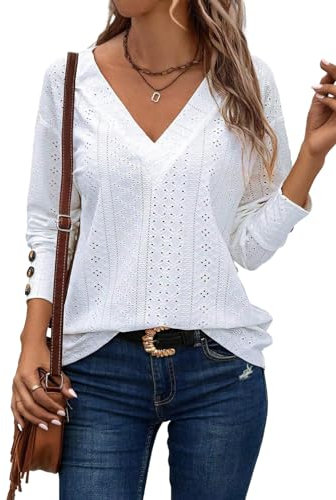 Dokotoo Bluse Damen Elegant Oberteile Langarm V-Ausschnitt Pullover Hemd Lässig Damenblusen Ausgehöhlte Spitze Bestickt Top Shirts Schicke Knöpfe Manschetten Blusen Tuniken Einfarbig Tops Weiß L