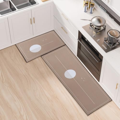 LY4U Juegos de Alfombras de Cocina Antideslizantes Lavables, Antideslizantes 2 Piezas Alfombras de Cocina Corredor para Decoración del Hogar, Oficina, Escritorio de Pie, 43x75+43x120cm, Caqui