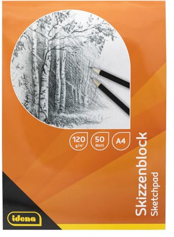 Idena - Skizzenblock DIN A4 mit 50 Blatt, Malbuch mit cremefarbenem Papier, geleimt, blanko, 120 g/m², FSC-Mix