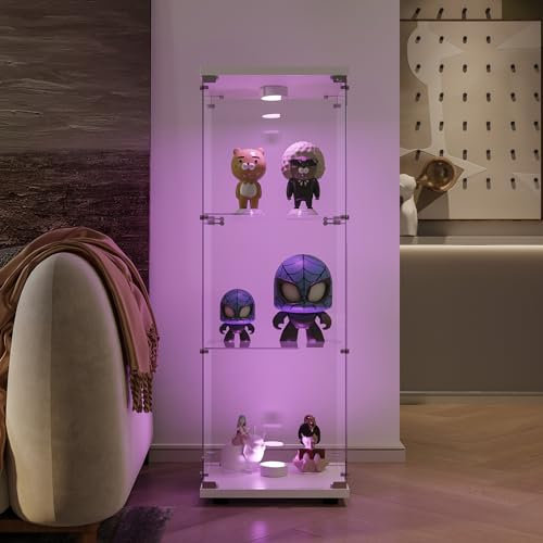 FOERPL Vitrine, LED-Vitrine, Glasvitrine für Sammlungen mit Tür, Vitrine, Glasvitrine mit Schloss, Vitrine, Möbel für Wohnzimmer, Bar (3 Etagen + Lichter, weiß)