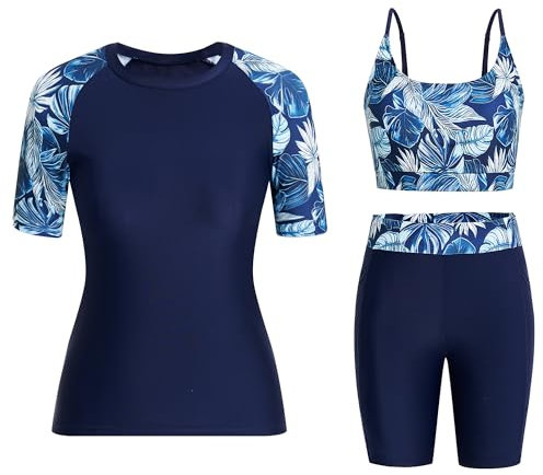 Owntop Damen 3-teiliger Rash Guard | UPF50+ UV Shirt | Kurzarm Rashguard-Shirts & Bikini Top & Hochtaillierte Boyshorts | Schnelltrocknend Badebekleidung Badeanzüge | Schwimmen Surfen | Blau M