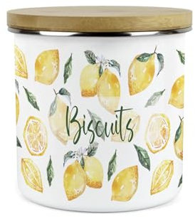 Painted Lemons Small Biscuits Storage Canister - Yellow Kitchen Decor - 1.2L White Metal Enamel Food Storage Container