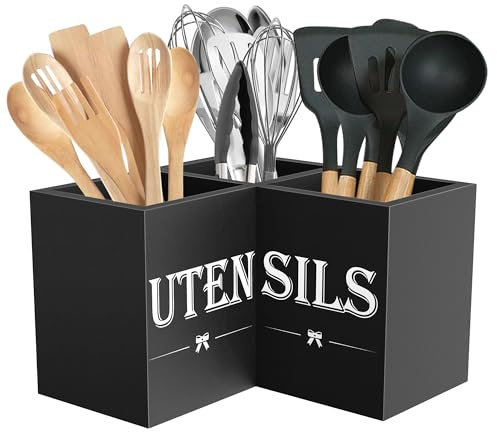 Suli Portautensili da cucina extra large 3 scomparti, organizer in legno per utensili da cucina da appoggio sul piano di lavoro - Nero