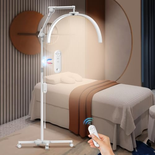 CGBE Lámpara Pestañas Media Luna de Pie: Lámpara Extensiones Pestañas con Soporte Teléfono - Base Rodante - Cabezal Giratorio 360° - Brillo y Altura Ajustables - para Pestañas/Cuidado de Piel/Tatuajes