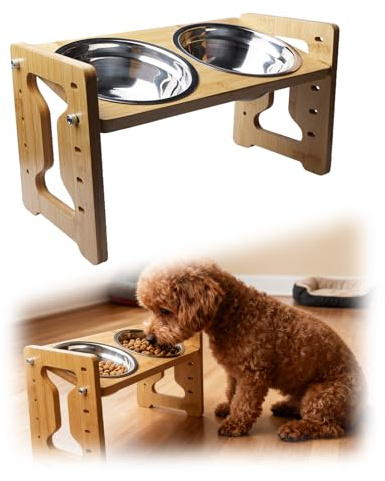 Comedero para perros elevado, altura ajustable con soporte, comedero para perros elevados, comedero para perros, comedero de bambú para perros pequeños y gatos, con 2 cuencos de acero inoxidable