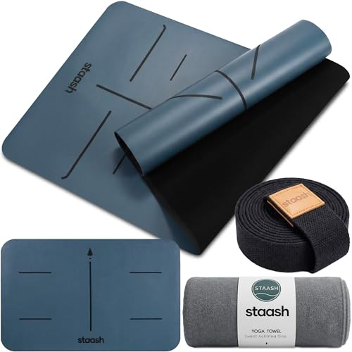 STAASH Premium Yoga Set – Tappetino da yoga in PU & gomma naturale + asciugamano in microfibra + cinturino da yoga + pad per mano – Ultra Grip, ecologico e qualità da studio per yoga esigenti (blu