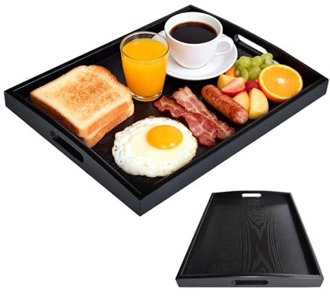 Bamboo Serving Tray with Handles, 40x28x4cm Black Wooden Trays for Serving Large Wooden Food Tray for Kitchen Bathroom Party Tea Snack Dessert (Black)