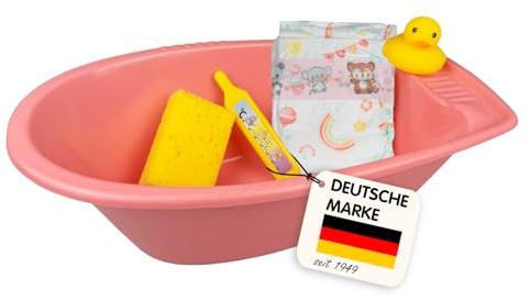 Heless 919 – dockbadkar set i rosa, inklusive svamp, anka, termometer och stor blöja, storlek ca. 41 x 23 x 13 cm