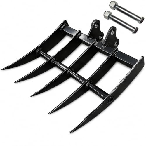 Râteau hydraulique inclinable pour mini excavatrices 0,8-2T, broche de 25 mm | Construction en acier au manganèse à 5 dents pour nettoyer les débris, trier les matériaux et épandre le gravier