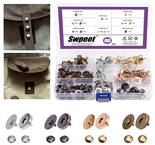 Swpeet Lot de 40 boutons fermoirs magnétiques ronds de 14 mm forts, boutons à pression en métal pour couture, bricolage, travaux manuels, couture, sacs à main, sacs, vêtements, cuir - Or, argent