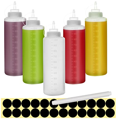 Happybase - Botellas exprimibles de 32 onzas con tapas, paquete de 5 botellas de salsa exprimible de 1000 ml, dispensadores de plástico con medidas para ketchup, barbacoa, salsas, jarabe, aderezos