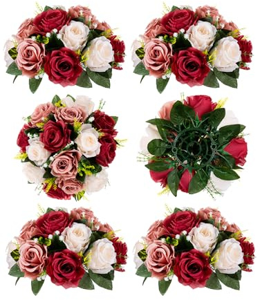 BLOSMON Flower Centerpieces for Tables Wedding Fake Flowers Rose 6 Pcs Bouquet Burgundy Blush & White Floral Centerpiece Balls Artificial Wedding Center Pieces Valentines Day Decor
